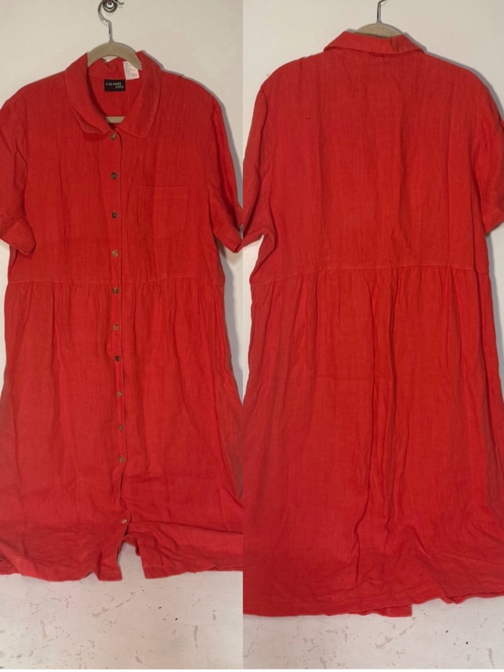Vintage Halmode Plus Coral Red Orange 100% Linen Button Front Dress